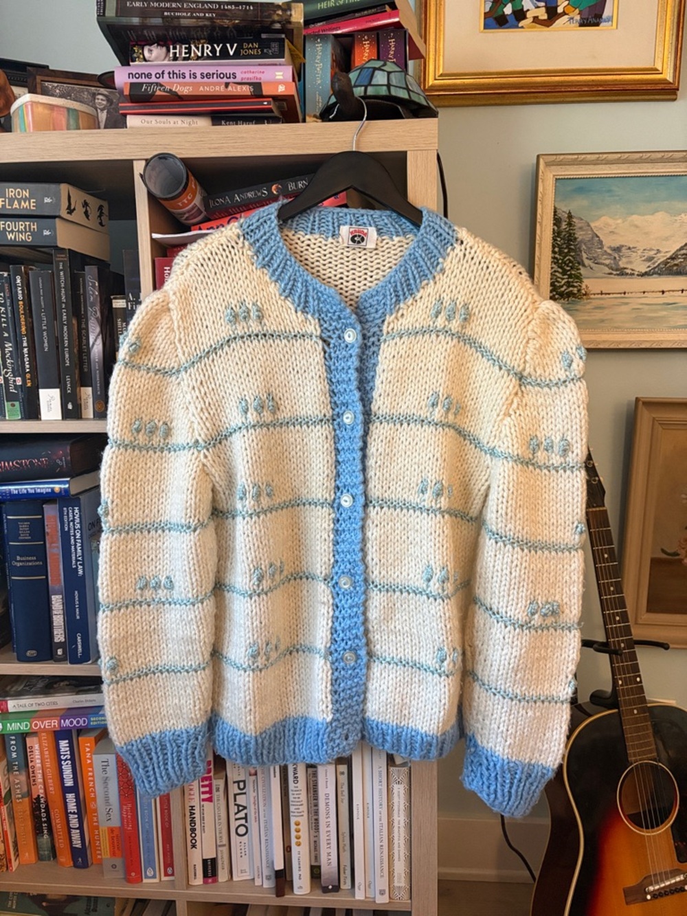 Hand-Knit Cream and Light Blue Women's Cardigan Sweater